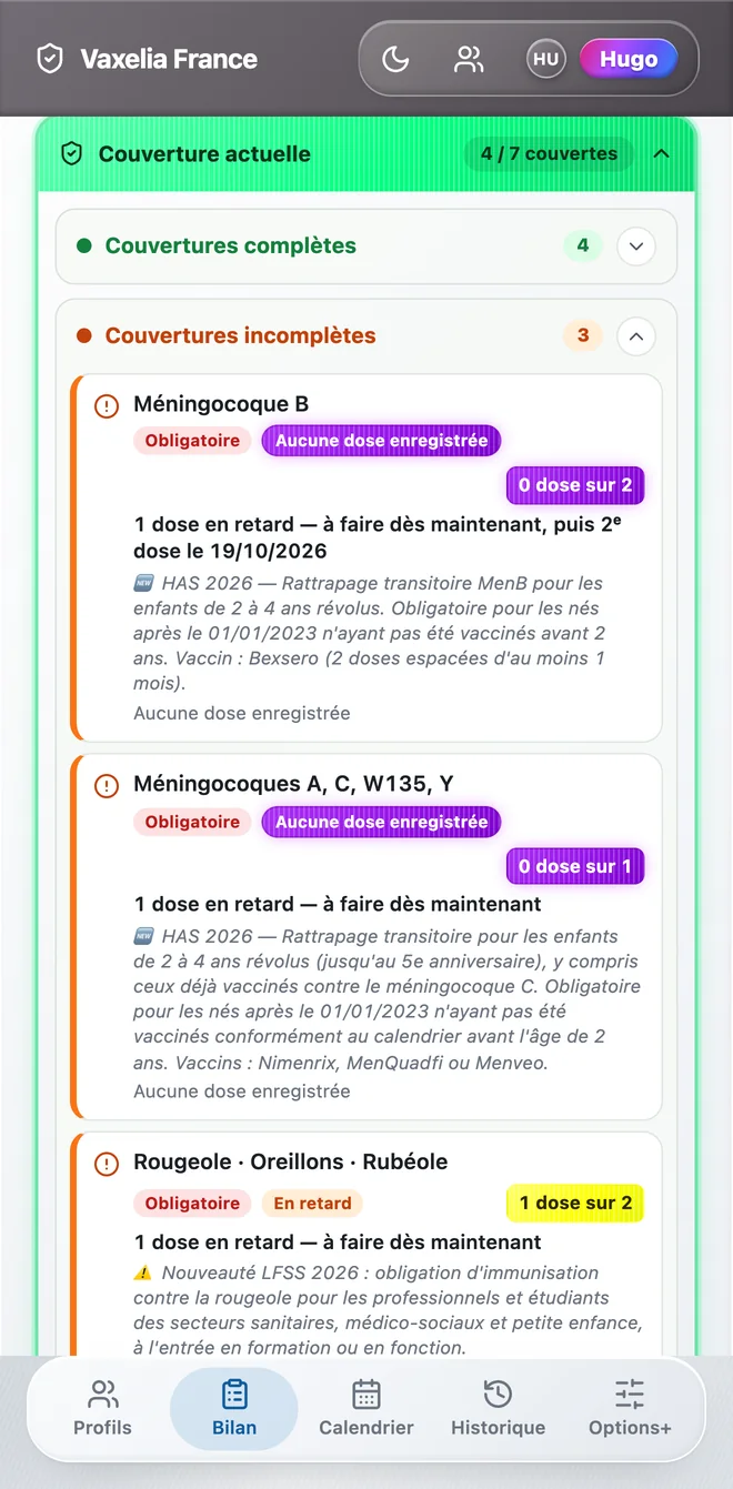 Écran Couverture actuelle de Vaxelia : compteur 4 sur 7 maladies couvertes, couvertures complètes et incomplètes détaillées, avec la référence HAS 2026 sous chaque maladie.