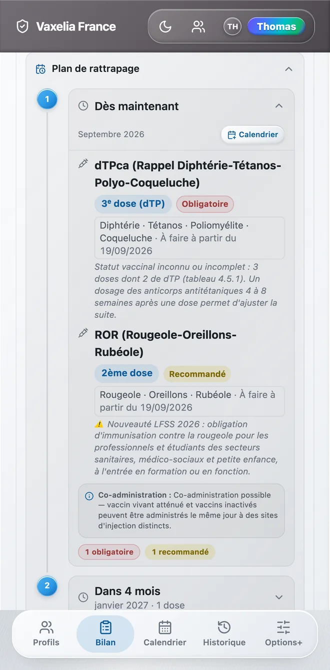 Écran Plan de rattrapage de Vaxelia : consultations datées avec les doses à recevoir et les notes de co-administration.