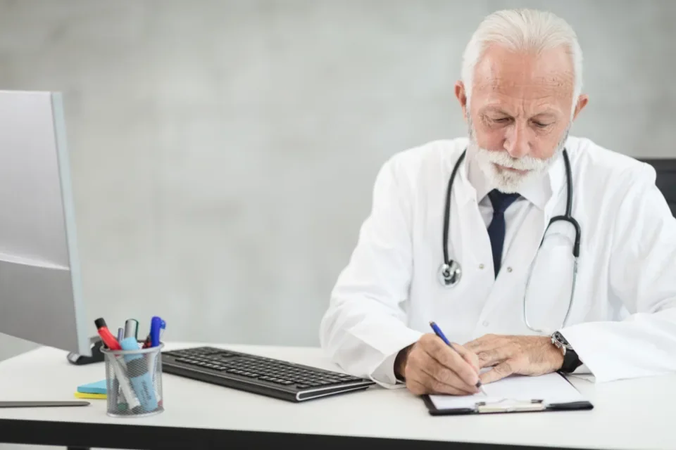 Un médecin saisit un dossier patient sur ordinateur